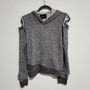 Six/Fifty Sweatshirt Womens Medium Gray Pullover Cold Shoulder Hoodie Distressed